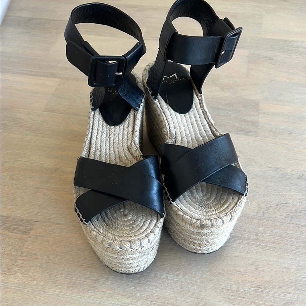 Marc Fisher Black and Tan Espadrille Wedges